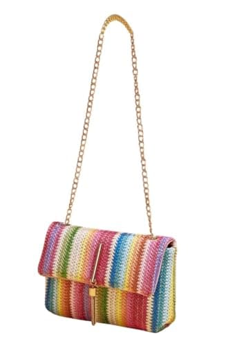 Image of Disparatte Women's Raffia Braided Multi-Coloured Striped Print Elegant Casual Bag with Gold Chain and Tassel Chic – Shoulder Bag Party Travel Gift