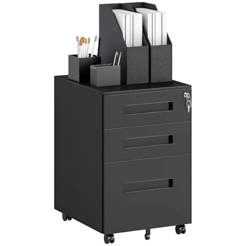 Image of Vinsetto 3 Drawer Mobile File Cabinet, Metal Filing Cabinet with Lock and 5 Wheels for A4/Legal/Letter Sized Documents, Hanging File Folders, Pre-Assembled Body, 39 x 48 x 60 cm, Black
