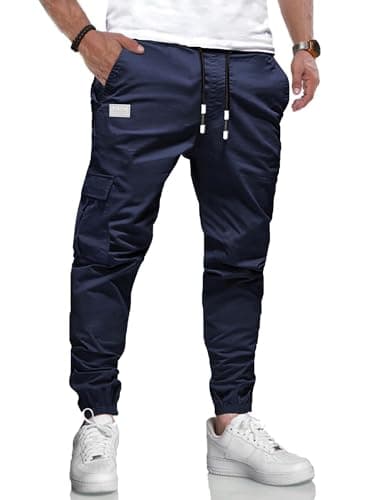 Image of LIUPMWE Joggers for Men Cotton Casual Mens Work Trousers Tracksuit Elastic Cargo Pants Waist with Drawstring Pockets Sweatpants,S,Blue-02