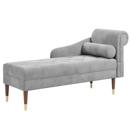 Image of Vesgantti Velvet Chaise Longue Indoor, Lounge Sofa with Right Armrest and Lumbar Pillow, Upholstered Chaise Lounge for Living Room Bedroom and Office, Tool-free Assembly(Grey)
