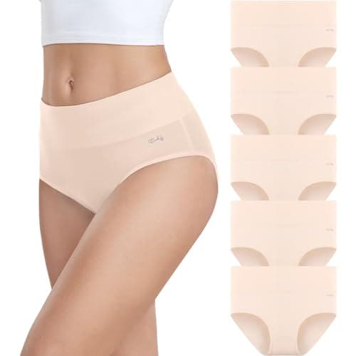 Image of coskefy Underwear Women, High Waisted Cotton Knickers Ladies Full Briefs Soft Panties Slight Tummy Control Pants 5 Pack M