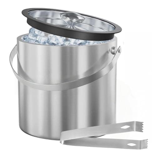 Image of Double Walled Stainless Steel Insulated Ice Bucket 1.6 L with Lid, Ice Tong, Round Double Wall Ice Bucket Wine Bucket for Home Bars, Party, Beer, BBQ, Champagne and Wine