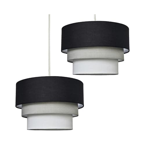 Image of MiniSun | Round Modern 3 Tier Black, Grey and White Ceiling Light Shades | Pendant Lights, Home Décor & Improvement Essential | Set of 2 | 30cm Shade Width