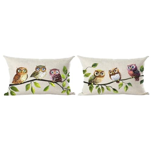 Image of Ramirar Set of 2 Ink Painting Watercolor Brown Lovely Owl Birds Decorative Lumbar Throw Pillow Cover Case Home Living Room Bed Sofa Car Cotton Linen Rectangular 12 x 20 Inches