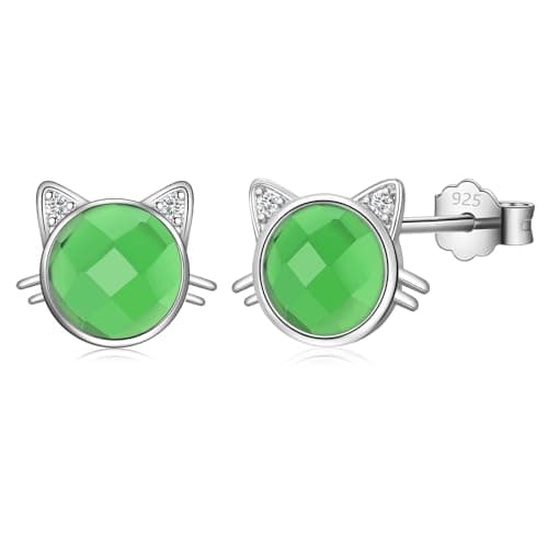 Image of Sterling Silver Cat Stud Earrings for Women Girls, Hypoallergenic Silver Cute Cat Face Stud Earrings with Green Cubic Zriconia Jewelry Gifts for Teens Kids