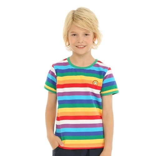 Image of Mud Kingdom Boys Green T Shirt Rainbow Stripe Short Sleeve T-Shirts for Little Boy Crew Neck Tops Rainbow Patch Cotton 6 Years