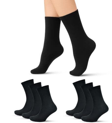 Image of 6 or 12 Pairs Black Crew Socks Women | Plain Design, Indoor/Outdoor Sports Socks, Running, Walking, Athletic Wear & Home Workout, Everyday Casual | Soft, Durable & Quick Drying Ladies Black Socks 4-8