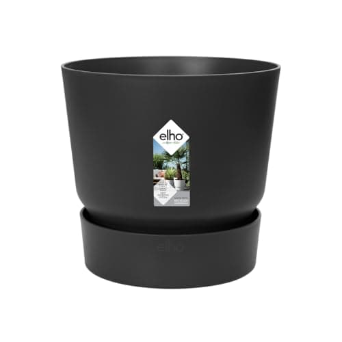 Image of elho Greenville Round 18 - Flower Pot with Integrated Water Reservoir - Indoor & Outdoor - 100% Recycled Plastic - Ø 18.3 x H 17.4 cm - Black/Living Black