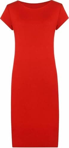 Image of Prime fashions Womens Ladies Plain Bodycon Short Cap Sleeve Maxi/Midi Dress Round Neck Casual, Red, M-L (12-14)