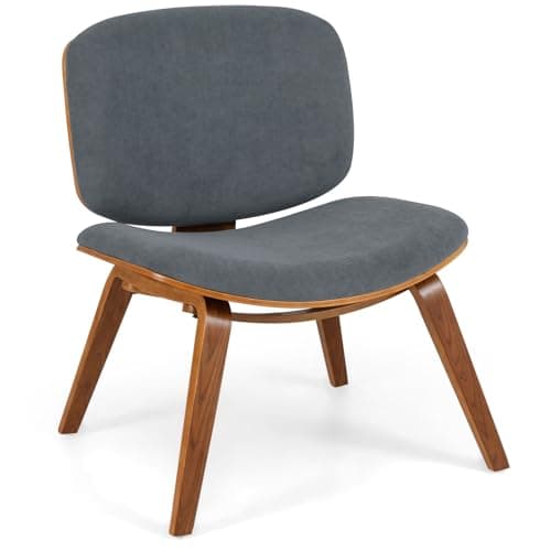Image of COSTWAY Modern Accent Chair, Fabric Upholstered Side Comfy Reading Chair with Curved Backrest, Solid Bentwood Frame Armless Lounge Occasional Tub Seat for Living Room and Bedroom (Dark Grey+Walnut)