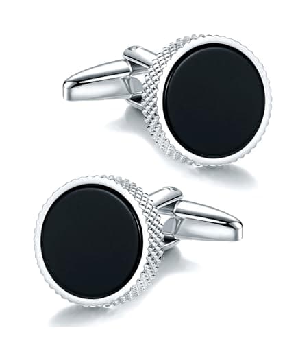Image of Mr.Van Tuxedo Cufflinks for Men, Cuff Links Mens Round Shape Black Onyx Silver Base Classic for Business, Wedding, Party, Elegant Style