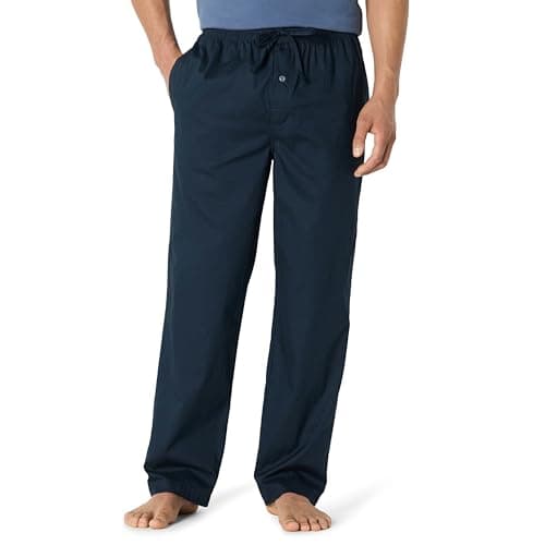 Image of Amazon Essentials Men's Straight-Fit Woven Pyjama Bottoms with Pockets, Navy, M