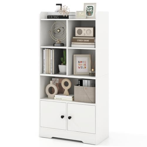 Image of COSTWAY Wooden Bookcase, Freestanding Storage Bookshelf Cabinet with 4 Cubes, Open Shelves & 2 Doors, Display Rack Shelving Unit Cupboard for Living Room, Bedroom, Hallway and Office (White)
