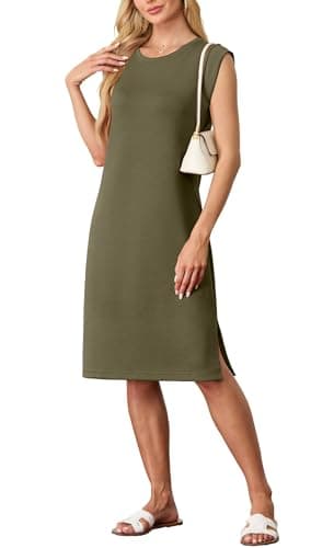 Image of GRECERELLE Womens Summer Midi Dress 2025 Casual Crew Neck Shirt Dresses Elegant Wrinkle-Free Sleeveless Dresses for Women UK with Split and Pockets (Army Green, M)