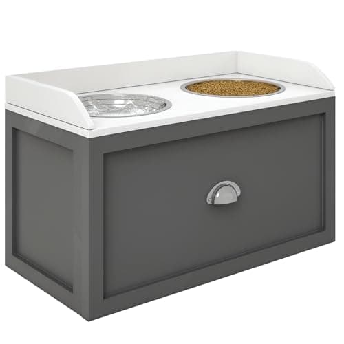 Image of PawHut Stainless Steel Raised Dog Bowls, Double Dog Food and Water Bowl w/ 21L Storage Drawer, for Large Dogs - Grey