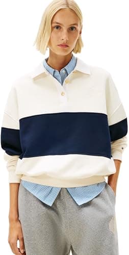Image of Tommy Hilfiger Women's GOLD BTN RUGBY FLEECE SWTSRT WW0WW48785 Pullover Sweatshirt, BEIGE (Calico), M