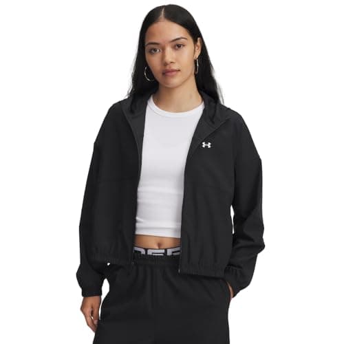 Image of Under Armour Women's Rival Woven Jacket Hooded, Women's Jacket with Water-Resistant Storm Technology, Light Coat with Pockets for Outdoor Pursuits,Black/Black/White,SM