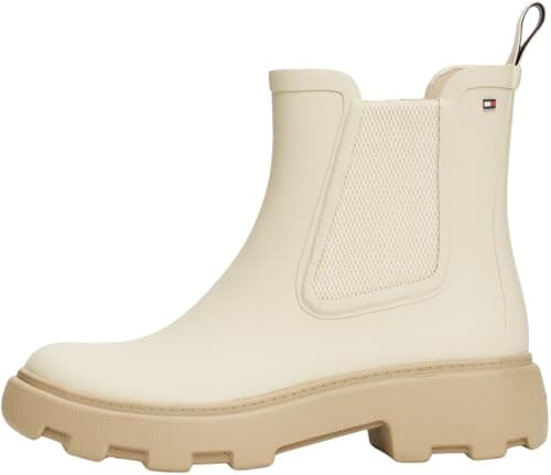 Image of Tommy Hilfiger Women’s Rubber Rainboots with Block Heel, Off-White (Newsprint), 6