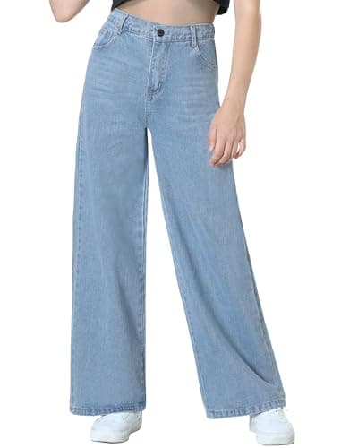 Image of EXARUS Girls Wide Leg Jeans Baggy Pants Denim High Waisted Teen Clothes Tween Outfits Preppy Casual Straight with Pockets Kids Blue 12Y