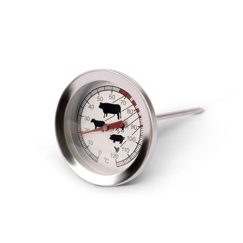 Image of Meat Thermometer with Wide Easy to Read Dial Stainless Steel - Classic Style Meat probe, Celsius Measurements, Animal Meat Ideal Cooking Temp, Measures from 0 to 120 Degree Celsius, 5cm Wide Dial