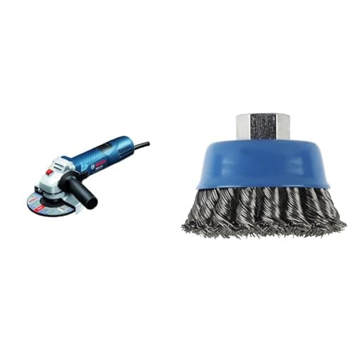 Image of Bosch Professional Angle Grinder GWS 7-115 (110V, 720 W, disc Diam. 115 mm, Incl Backing Flange, Locking Nut, Protective Guard, in Cardboard Box) + 75 mm M14 Wire Cup Brush Knotted Wire (Brass-coated)