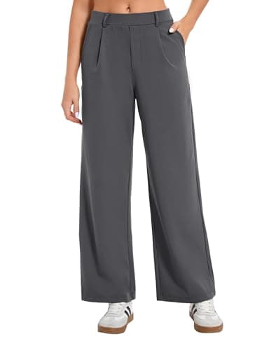 Image of Oyamiki Work Trousers Women Dark Grey Solid Plain High Waisted Petite Pants Stretch Smart Breathable Wide Leg Business Tailored Trousers L