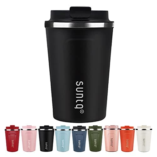 Image of SUNTQ Reusable Coffee Cups Travel - Coffee Travel Mug with Leakproof Lid - Thermal Mug Insulated Cup - Stainless Steel Coffee Travel Cup - for Hot and Cold Drinks, 13oz/380ml, Black