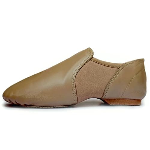 Image of Jazz Shoes Slip on Jazz Dance Shoes Rubber Split Sole Slip Resistance Leather and Neoprene Tan Fish Style (6 UK Adults, Tan)
