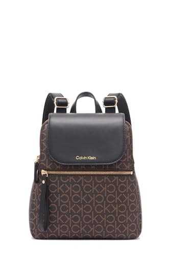 Image of Calvin Klein Women's Reyna Signature Key Item Flap Backpack, Brown/Khaki/Black, One Size
