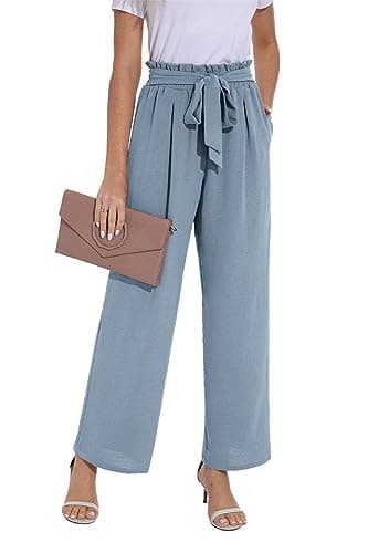 Image of PrinStory Trousers For Women Lightweight Women High Waist Pants Casual Wide Leg Long Palazzo Trousers (Gray Blue, M)
