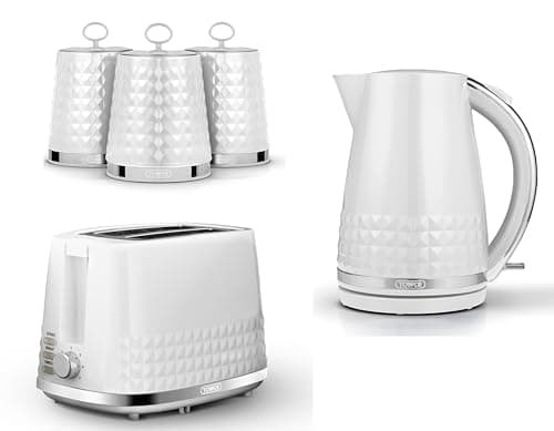Image of tower Tower Solitaire White 1.5L 3KW Jug Kettle, 2 Slice Toaster & Tea, Coffee, Sugar Canisters. Matching Contemporary Design Kitchen Set in White