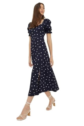 Image of Dorothy Perkins Navy Spot Sweetheart Neckline Midi Dress, 10, Navy