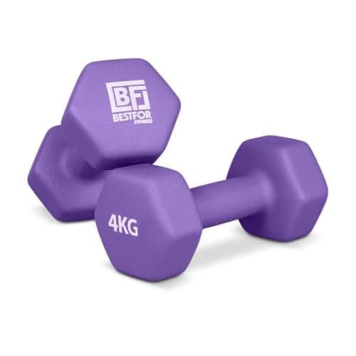 Image of Bestfor Pair of 4kg Hex Anti Roll Non Slip Neoprene Dumbbell Weights For Exercise, Fitness, Workouts, Lifting with Exercise Chart