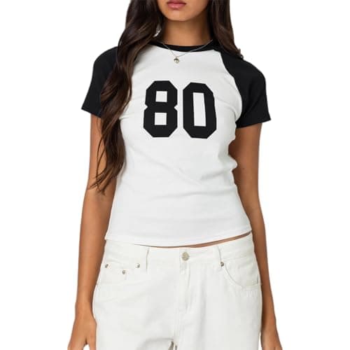 Image of Nsywmzy Women Number Shirt Summer Crop Top Number Fitted Blouse Short Sleeve Round Neck T-Shirt Y2k Baby Tee Streetwear (Black 4, M)