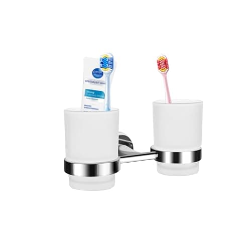 Image of Wall Mounted Double Toothbrush Holder with 2 Frosted Glass Tumblers Toothpaste Holder for Lavatory, Bathroom