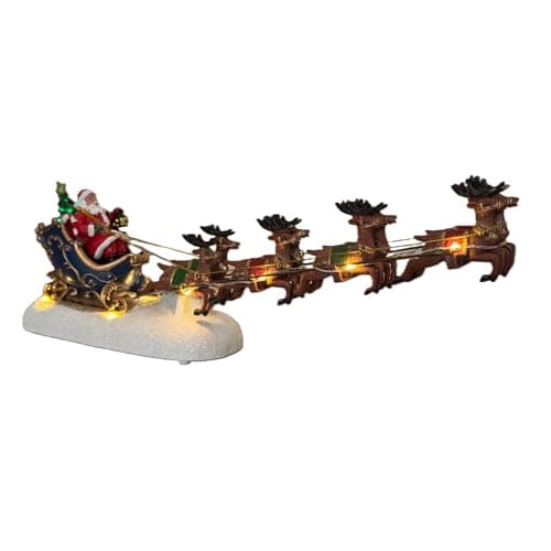 Image of Christmas Scene Decoration Ornament with Santa Sleigh & Reindeer Warm White LED Lights