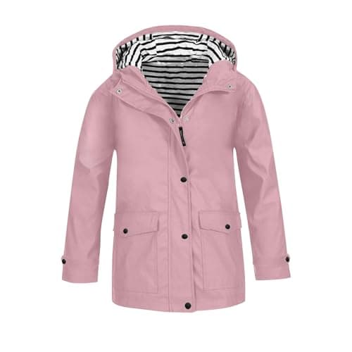 Image of Boys Girls Rain Jacket Waterproof Windbreaker Lightweight Rain Jackets with Pockets Packable Raincoats for Kids with Hood Solid Full Zip Button Down Rain-Coats Preppy Clothes (Pink, 7-8 Years)