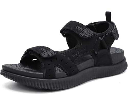 Image of KuaiLu Mens Leather Hiking Sandals with Arch Support Orthopedic Sport Recovery Athletic Walking Sandals For Man Outdoor Summer Casual Thick Cushion Beach Water Fisherman Sandal, size 8.5 Black