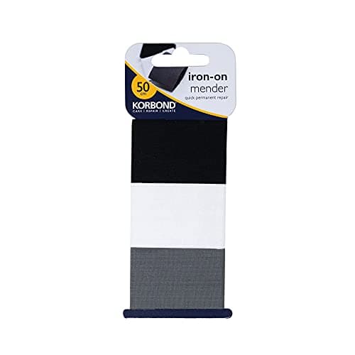 Image of Korbond Fabric Repair Tape/Patch - Iron On - Pack of 3 – Black, White & Grey – Each 3.8cm x 50cm – Total 1.5m Tape – Invisible Permanent Mending - Ideal for Fixing Clothes & Garments