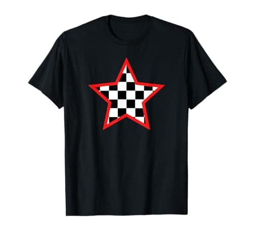 Image of Checkered Star Black White and Red Racing Check Plaid T-Shirt