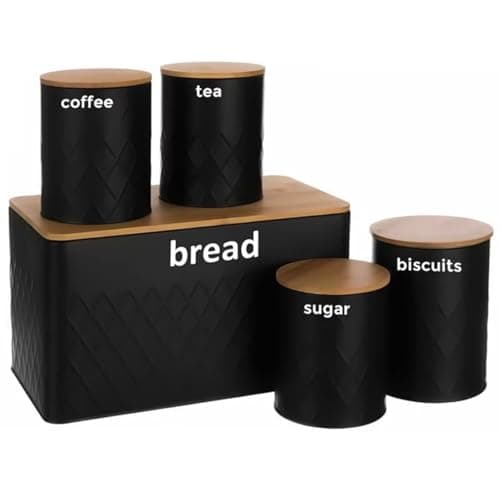 Image of 5 Piece Kitchen Storage Set with Bamboo Lids, Black with Diamond Pattern, Includes Tea Coffee Sugar Biscuit Canisters and Bread Bin