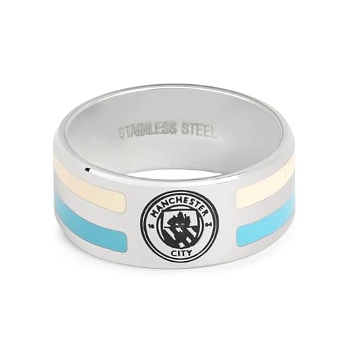 Image of Official Licensed Manchester City Stainless Steel 2 Colour Stripe Band Ring - Small Mens/Unisex Football Gift