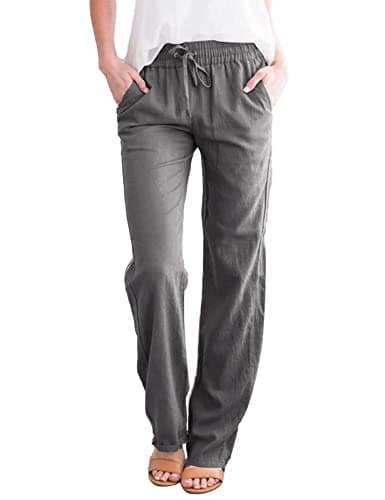 Image of UMIPUBO Womens Straight Leg Jogger Trousers Cotton and Linen Full Length Casual Full Elasticated Waist Bottoms Summer Drawstring Pants (Dark Grey, M)