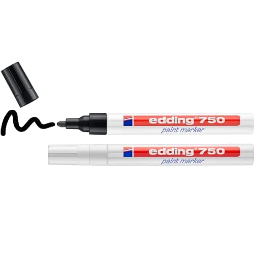 Image of edding 750 paint marker - black white - pack of 2 pens - round tip 2-4 mm - paint marker for marking and labelling metal, glass, rocks, plastic - heat-resistant, permanent, smudge-proof and waterproof
