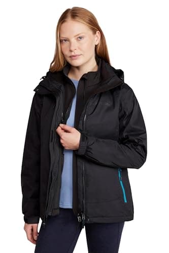 Image of Mountain Warehouse Bracken Extreme Womens 3 in 1 Waterproof Jacket - Breathable Rain Jacket, Thermal Tested Raincoat, Detachable Hood - For Camping & Walking Jet Black Women's Size 4