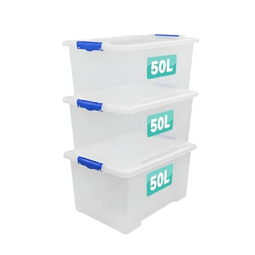 Image of Optimal Products 3 x Storage Boxes With Clip Lock Lids Litre Heavy Duty Clear Stackable Lockable Multipurpose Plastic Storage Box Indoor Outdoor Containers Home,Office,Kitchen,Garage (3 x 50 Litre)
