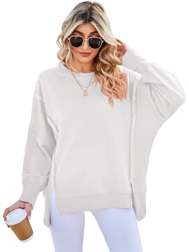 Image of SotRong Sweatshirts for Women UK Oversized Pullover Sweatshirt Crewneck Long Sleeve Tops Baggy Loose Fit Teen Girl Y4K T Shirts with Side Split White L