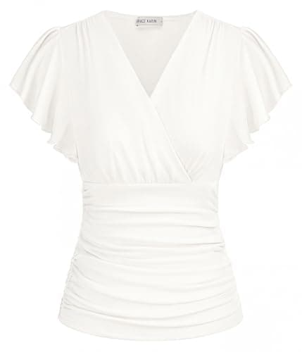 Image of GRACE KARIN Women's Summer Top Short Ruffle Sleeve V-Neck Ruched Casual Tops Blouses Vintage Top White XL