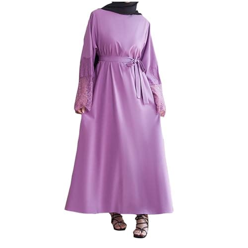 Image of AnnSemo Women Muslim Dress Middle East Arabian Robe Islamic Lace Stitching Long Sleeve Maxi Dress Temperament Prayer with Belt Abaya Jilbab Dubai Kaftan for Eid Ramadan