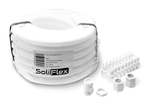Image of SoliFlex Flexible Conduit Outdoor Cable Contractor Pack IP40-10M Coil - Underground Burial, External Trunking, Electrical Ducting, Hose Pipe Wire Protection. w/Fittings - 10 Glands and Locknuts